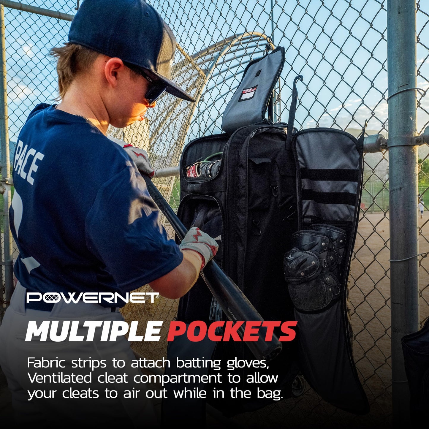 PowerNet Optimus Catcher's Bag, Rolling Equipment Bag Holds All Baseball & Softball Gear, 7 Internal Bat Sleeves, Cleat Compartment, Personalization Panel & Hooks