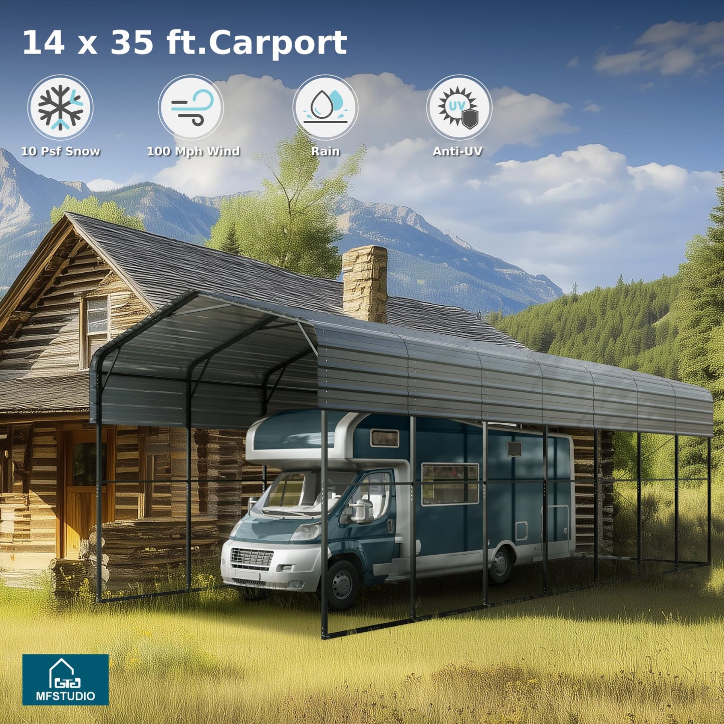 MFSTUDIO RV Carport 14x35 ft, Outdoor Heavy Duty Carports, Height 13 ft for Large RVs Metal Shed Canopy Shelters Garage Shelter Shade Car Ports with Galvanized Roof for 2 Cars, Truck and Boats ﻿