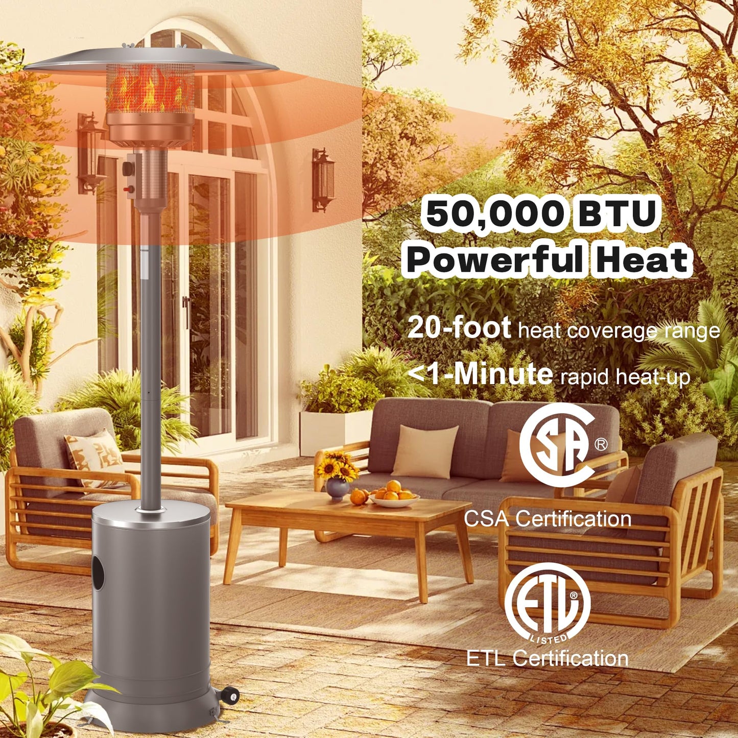 DIAMONDFORGE 50,000 BTU Propane Patio Heater, Double-Layer Stainless Steel Burner, Round Table Design with Wheels, Outdoor Space Heater for Garden, Patio & Residential Use, Grey