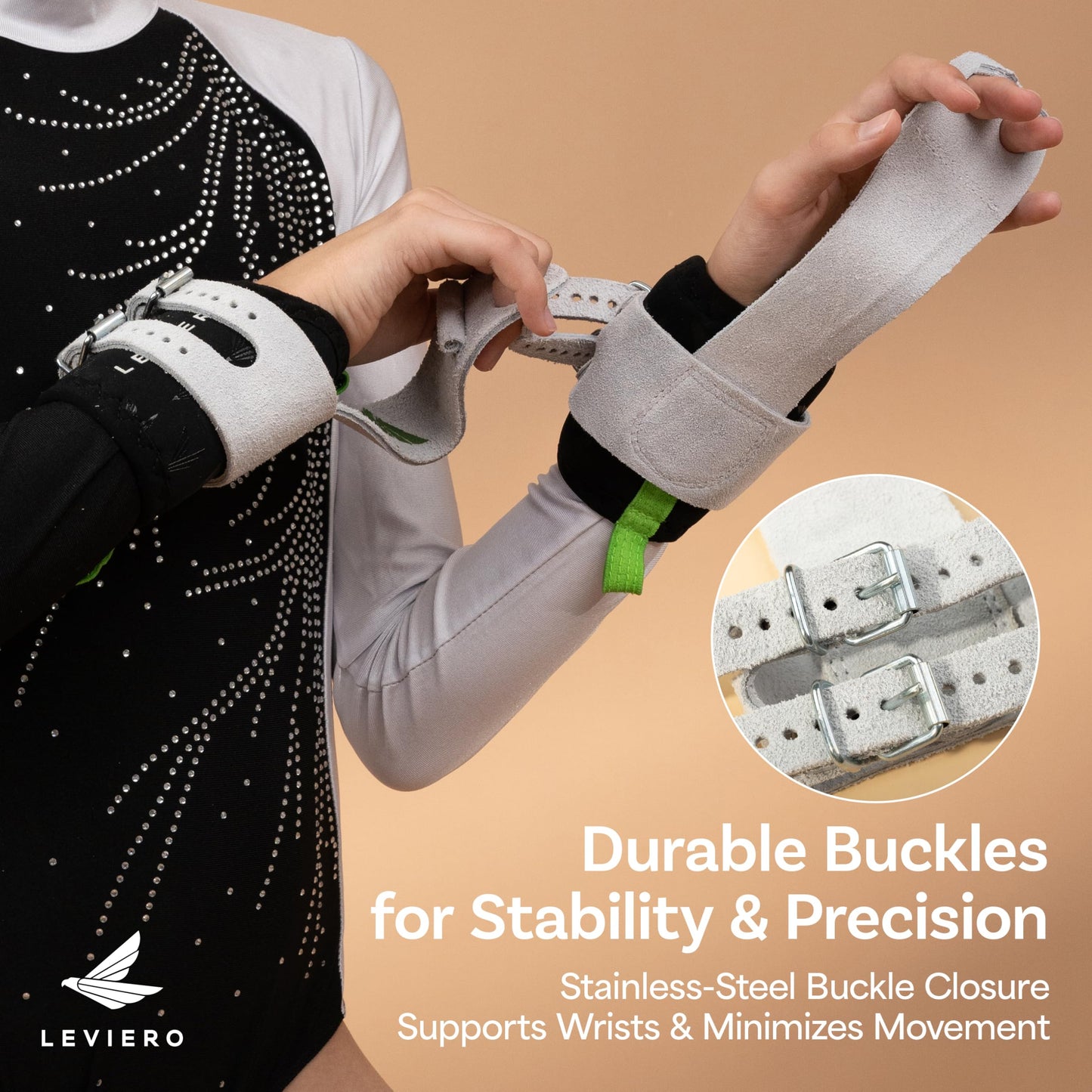 LEVIERO Gymnastics Grips Set Narrow Squeeze, Grips for Gymnastics Girls, Dowel Grips with Soft Leather, Double Buckle Wrist Closure, and Adjustable Finger Holes, for All Ages - (White, 2)