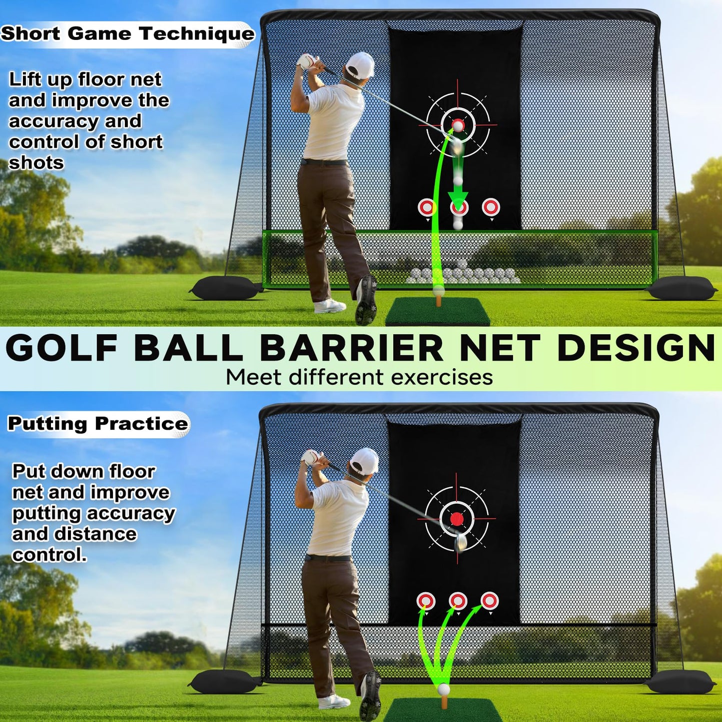 10x7ft Golf Hitting Practice Net for Real Golf Balls, Heavy Duty Driving Training Cage with Reinforced 7-Layer Mesh & Mat, Portable Backyard Net for Indoor Outdoor to Improve Your Swing