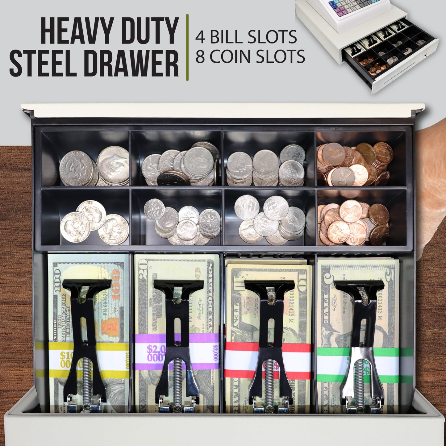 Electronic Cash Register with Cash and Coin Drawer, Quick Load Thermal Printer, 50 Dept 50 Clerks, 4700 Lookups, White