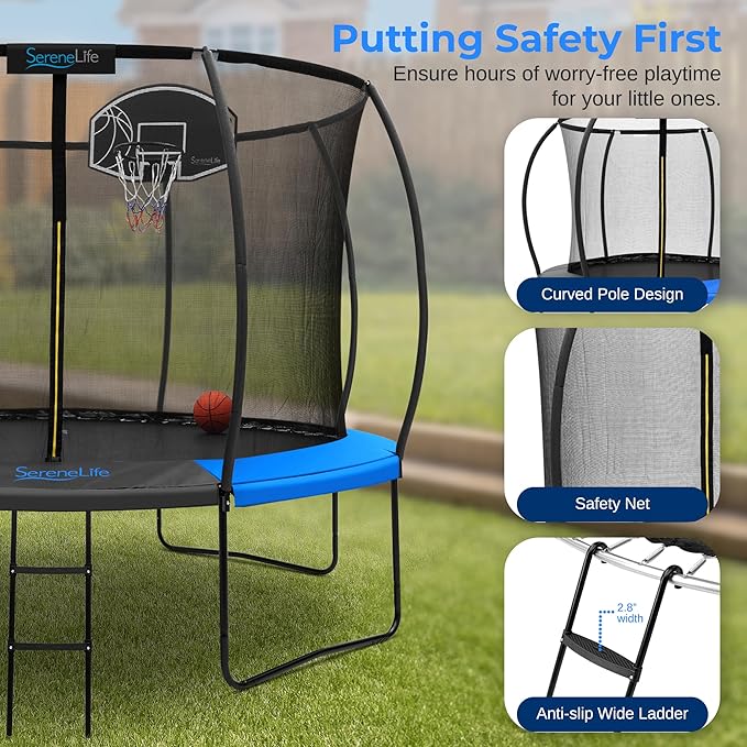SereneLife 8FT 10FT 12FT 14FT Outdoor Trampoline for Kids - Recreational Backyard Trampoline with Curved Safety Poles, Net Enclosure, Ladder & Basketball Hoop - ASTM Approval for Kids Adults
