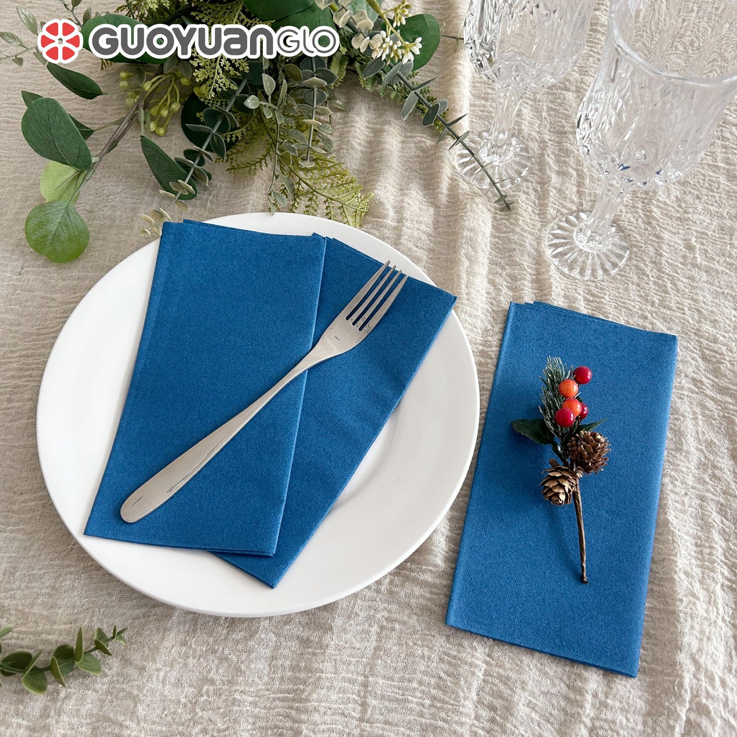 GUOYUANGLO Disposable Linen Feel Dinner Napkins Blue Cloth-Like Paper Napkins Disposable Guest Napkins for Dinne,Parties, Weddings or Events,16”x16”-50 Pack