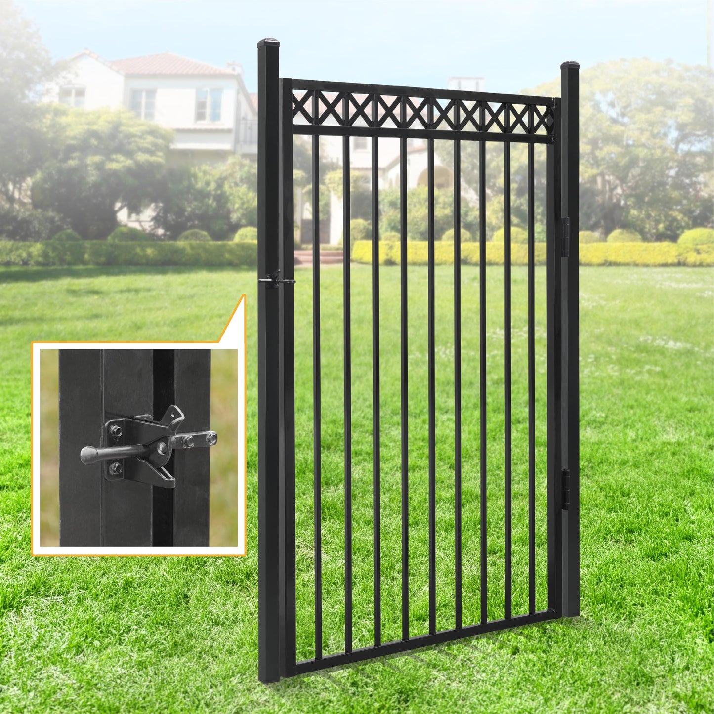 Fencer Wire 76FT Heavy Duty Flat Top Fence Barrier Kit, Anti-Rust Metal Steel Fence with 6FT Height X 8FT Width Panels, with Decorative Gate, Posts, Connectors, Outdoor Fencing for Yard