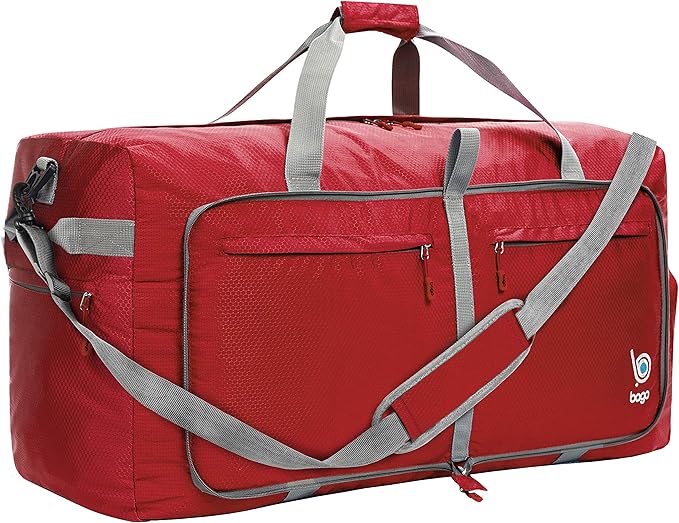 Bago Large Foldable Duffel Bags for Traveling Women & Men - 120L Packable Duffle Bag for Travel with Shoe Compartment - Water Repellant, Heavy Duty, Lightweight Folding & Collapsible (Red)