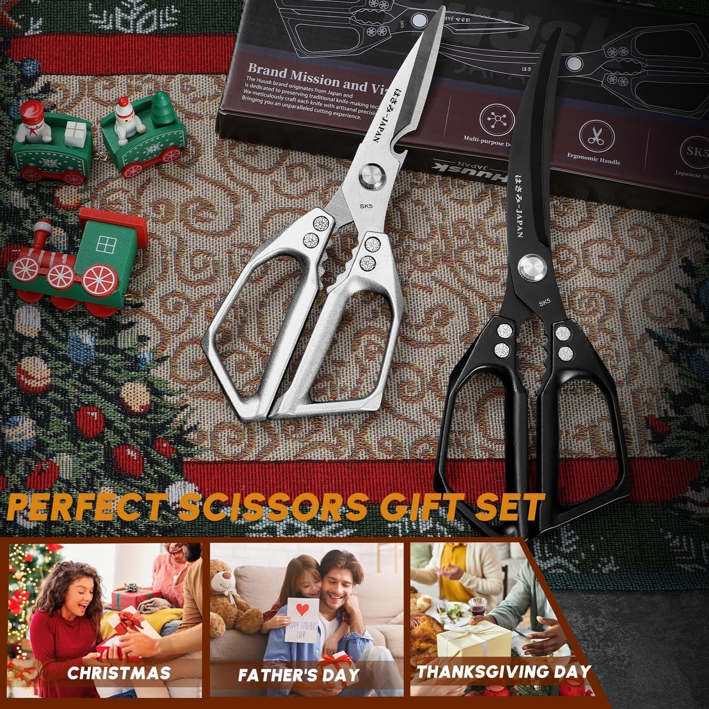 HUUSK Kitchen Scissors Set - Stainless Steel Kitchen Shear, Sharp Meat Scissors Dishwasher Safe, Heavy Duty Poultry Shears, Japanese Cooking Scissor for Food, Chicken Bones, Christmas Gift for Men