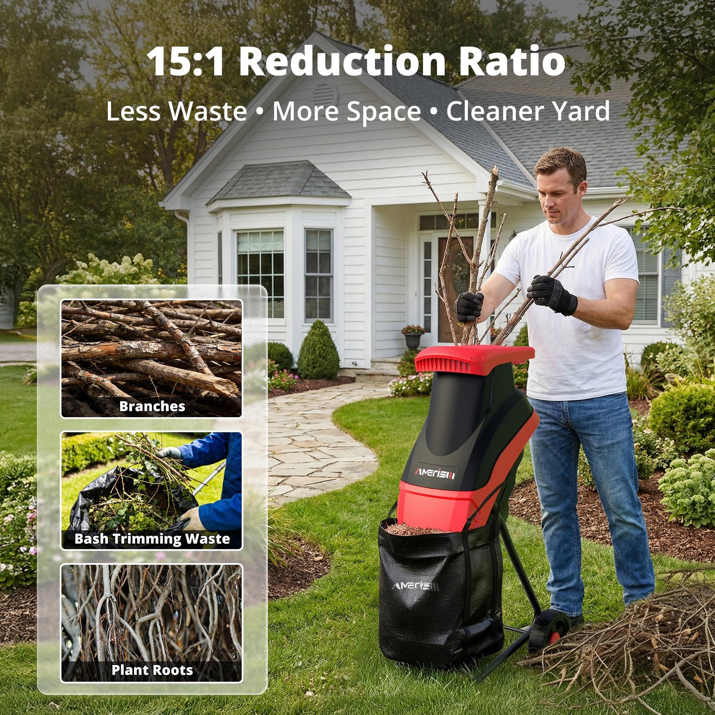 AMERISUN Electric Wood Chipper Shredder 15-Amp, 4200RPM Leaf Mulcher with 1.75-Inch Branch Capacity, Portable Yard Waste Shredder with 50L Collection Bag for Garden, Lawn & Landscaping Cleanup