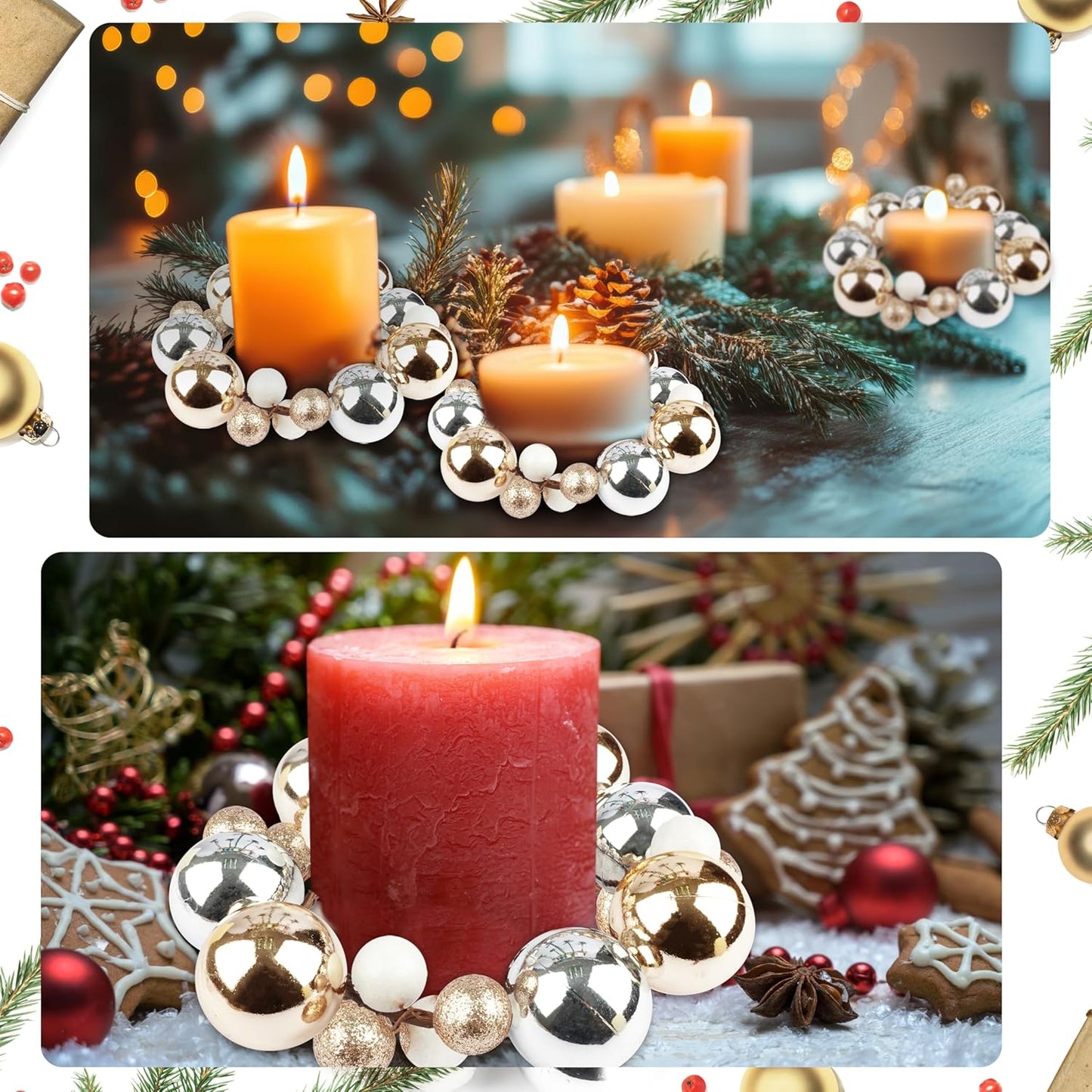 Regine Switzerland Christmas Ball Ornament Candle Rings - Gold & Silver Glitter | 3.2 Inch Candle Holders for Rustic Winter Decor