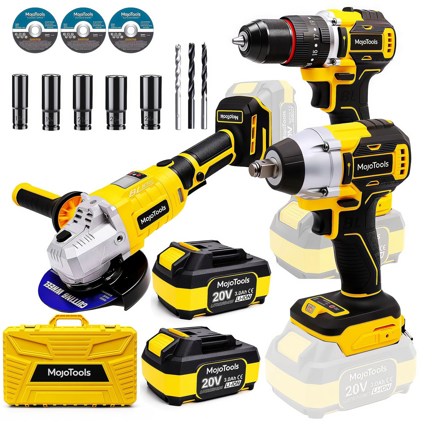 MoJoTools Brushless Cordless Power Tool Combo Kit for Heavy DIY & Semi-Professional Use – 50Nm Drill Driver, 380Nm Impact Wrench, 5" Angle Grinder LCD, 2×3000mAh Batteries, Carry Case &&Accessories