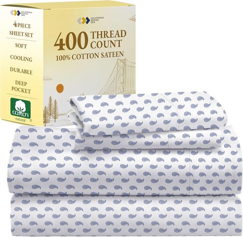 California Design Den Full Size Bed Sheets Set - 400 Thread Count 100% Cotton, Deep Pocket - Paisley Blue