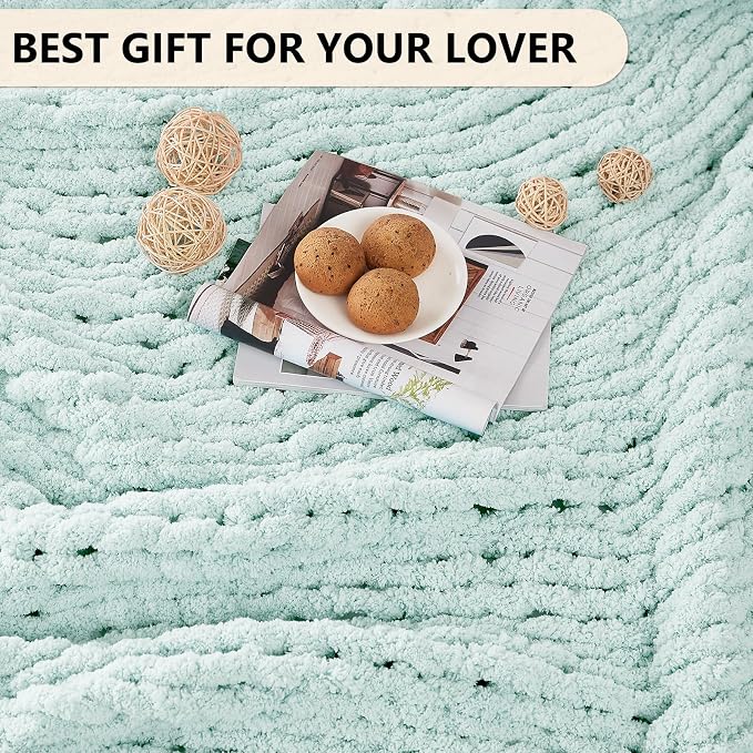 L'AGRATY Chunky Knit Blanket Throw: 50''x60'' Chenille Chunky Knitted Throw Blankets for Bed Couch - Handmade Thick Big Cable Knit Blanket - Large Crochet Rope Blankets for Home Decor(Mint Green)