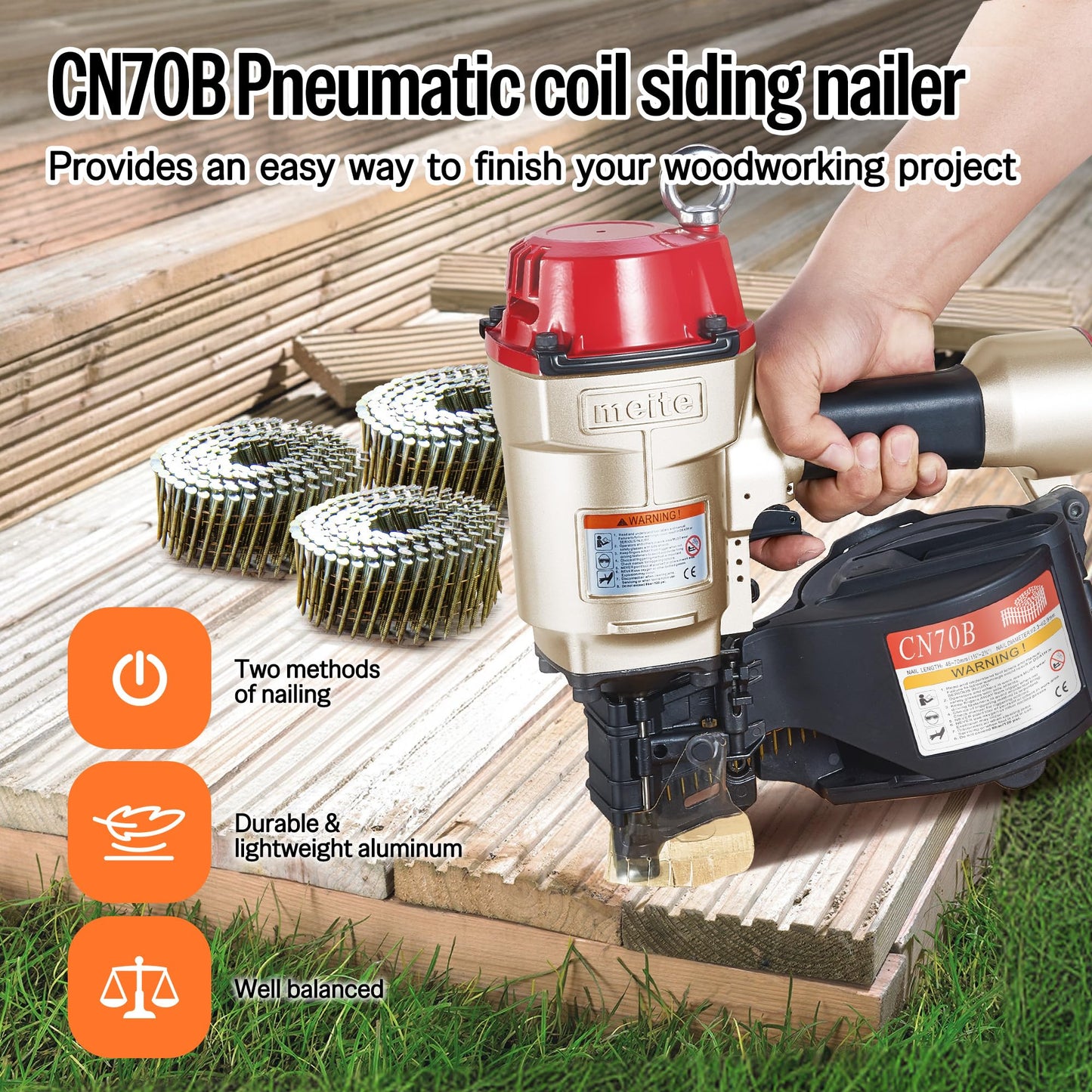 meite CN70B Pneumatic Coil Nailer 15/16 Degree 1-3/4 Inch to 2-3/4 Inch Air Nail Gun, Coil Nail Magazine 300PCS, Heavy Duty Pallet Framing Coil Nailer for Siding Sheathing Wooding Fencing Decking
