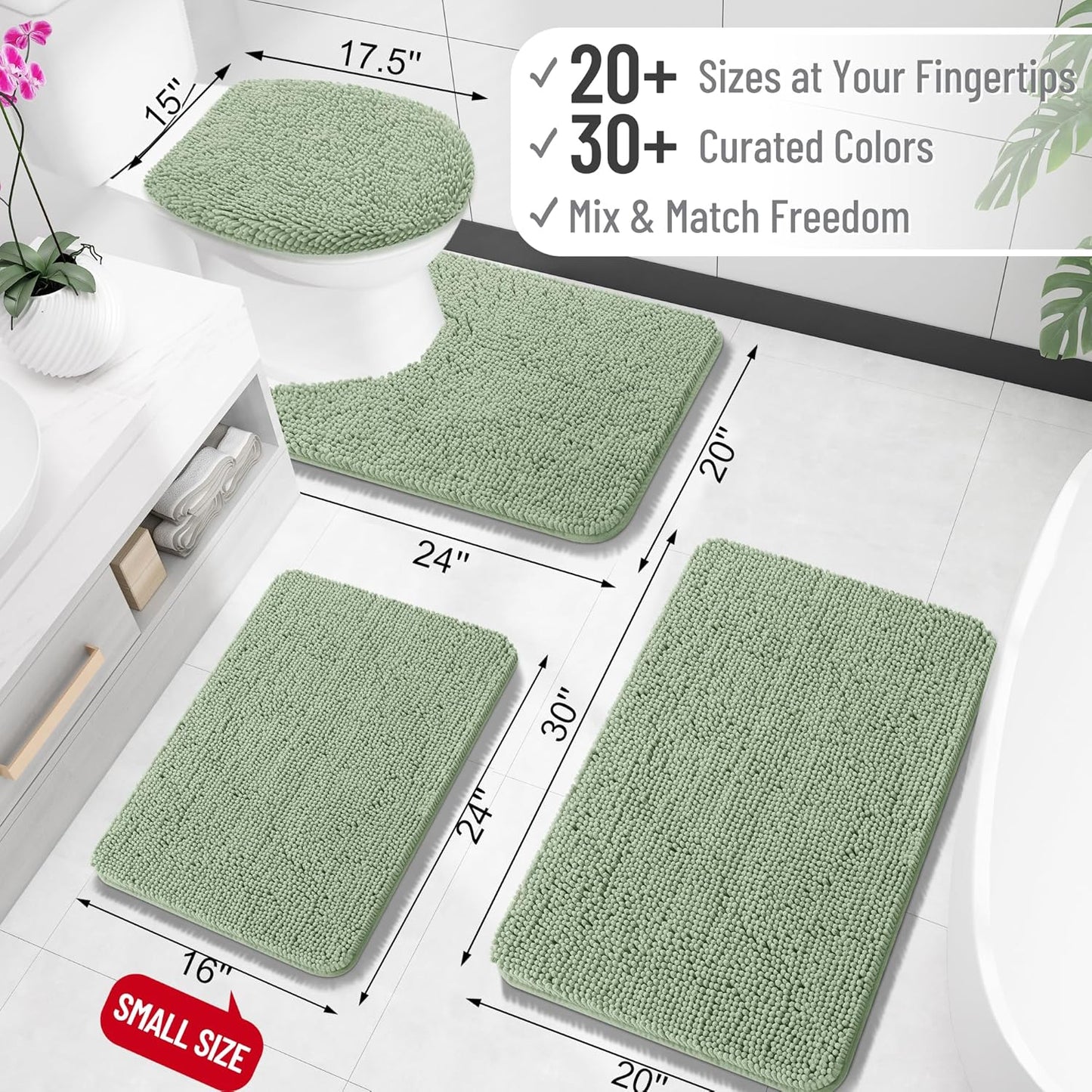 OLANLY Bathroom Rugs - Extra Soft Chenille Bath Mats | Quick Dry, Machine Washable, 34x21, Sage Green