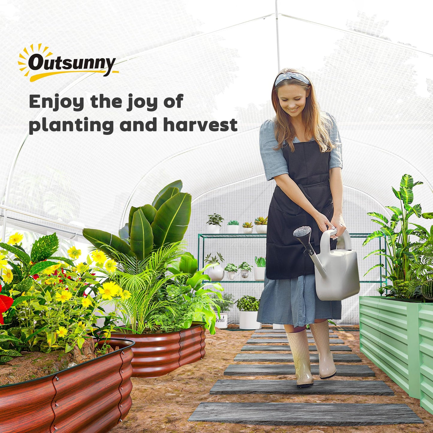 Outsunny 13' x 10' x 6.5' Hoop House Greenhouse with Large Windows and Zippered Door, Large Walk-in Tunnel Green House with Upgraded Galvanized Steel Frame, PE Cover, Gardening Plant Hot House, White