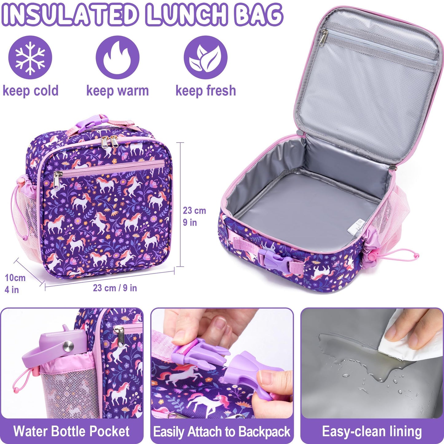 Fimibuke Kids Bento Lunch Box with Thermo, Leakproof Toddler Bento Box with 8.5OZ Insulated Food Jar, Lunch Bag & Utensils BPA Free Dishwasher Safe 3 or 4 Compartment Container for School Girls Boys