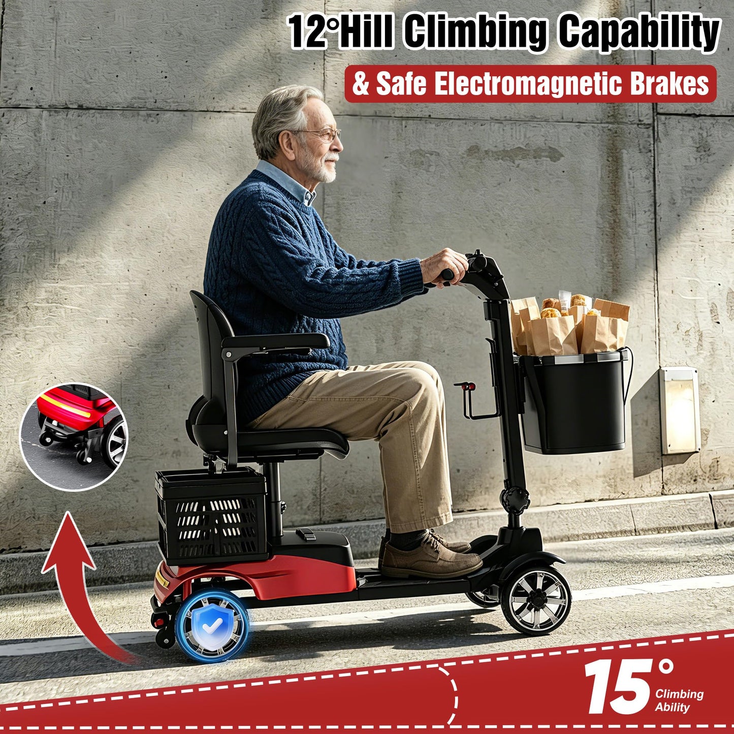 BIQISSI Mobility Scooter for Adults, 4 Wheel Motorized Mobility Scooter w/Storage Basket, 350LBS Capacity & Detachable Battery, 15Miles Electric Powered Mobility for Outdoor (Red, 15 MI-5)