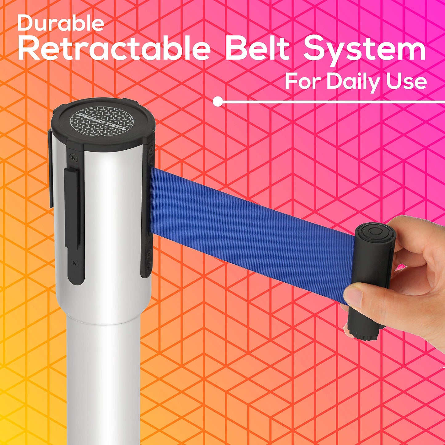 DuraSteel Crowd Control Barriers Line Dividers - Silver Stanchion Stainless Steel Posts with 6.5ft Blue Retractable Belt Ropes - for Store Queues, Airport Lines, Event Entries - 2 Set/Pack