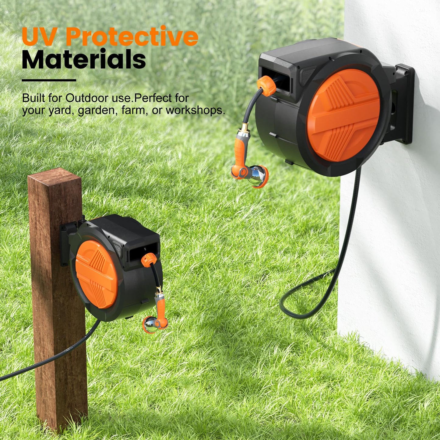 Retractable Garden Hose Reel 5/8” x 100ft, Auto Rewind Hose Reels for Outside, Heavy-Duty Wall-Mounted Outdoor Hose, 10-Mode Nozzle, Adjustable Length, 180° Rotation for Watering, Car Washing