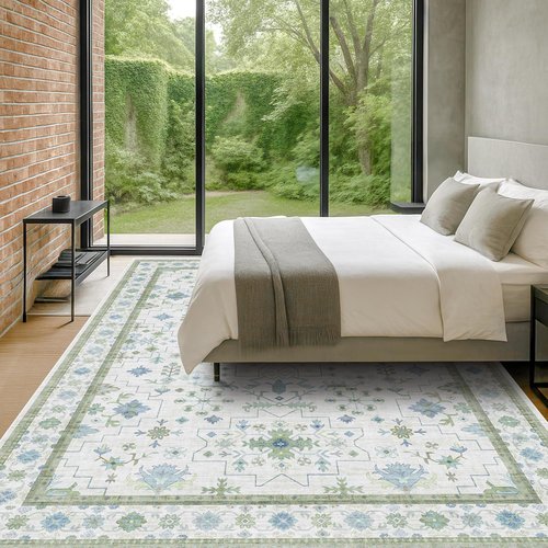 Hazo Haus Washable Area Rugs - Extra Large 10x12 Cream, Blue & Green Floral Geometric Design