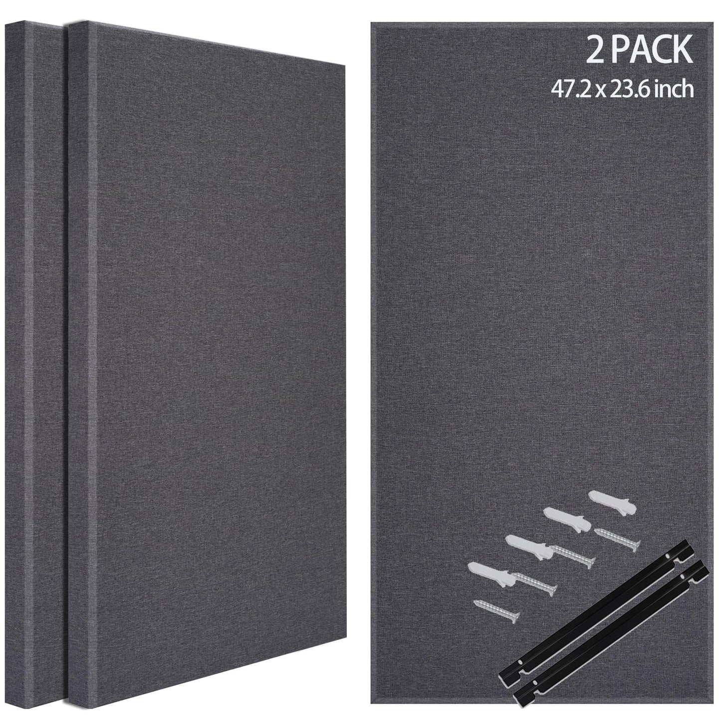 BUBOS 2-Pack Fabric Acoustic Panels with Hanging Hardware, 47.2" x 23.6" x 2" Large Soundproofing Wall Panels, High-Density Sound Absorbing Decor for Home Theater, Studio & Office,Grey