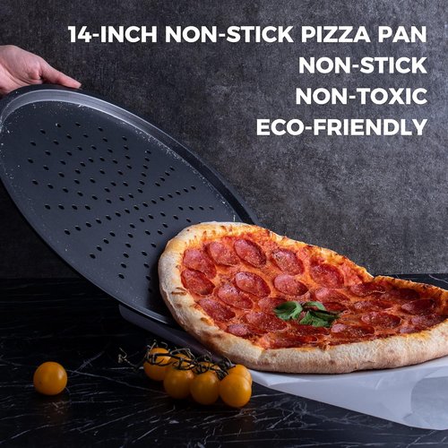HONGBAKE 14.8-Inch Non-Stick Pizza Pan Set - Perforated Carbon Steel for Crispy Homemade Pizza | Grey, 2 Pack