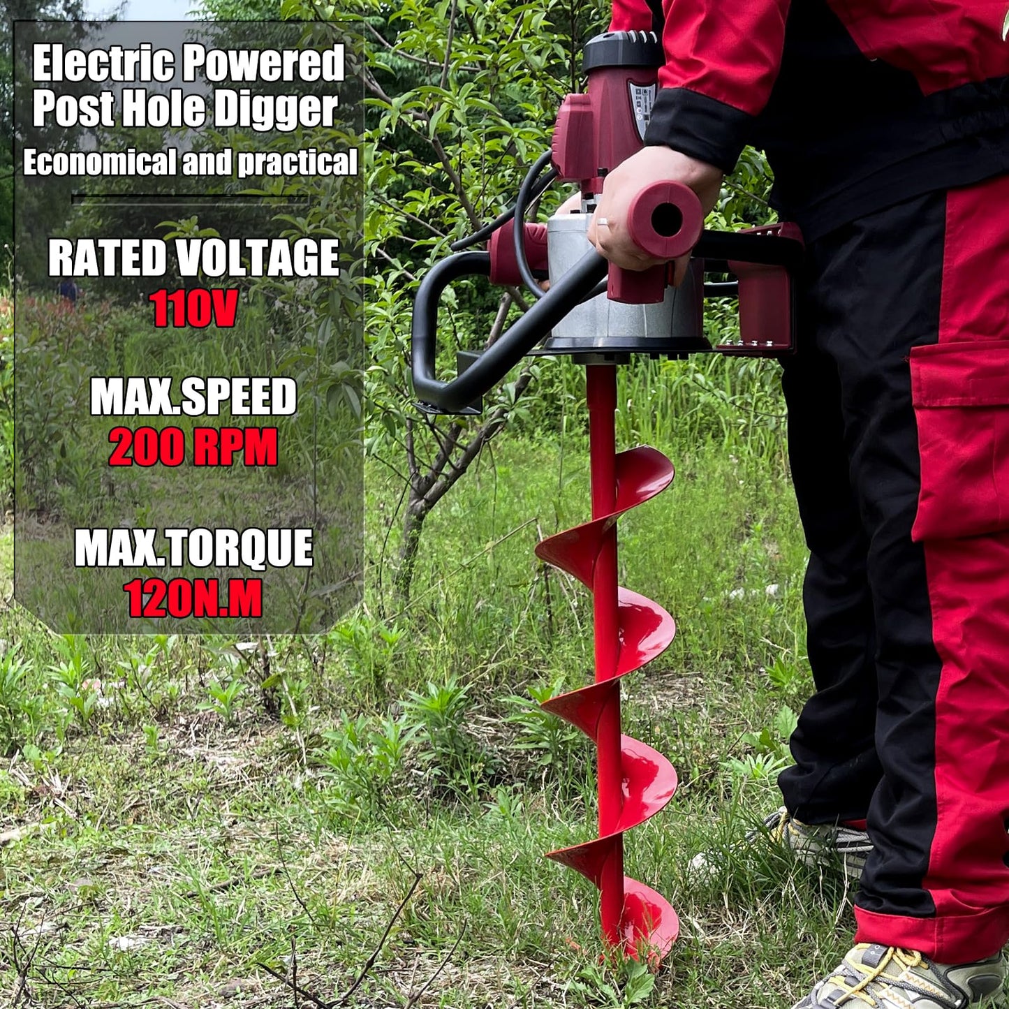 Yoputetool 1500W Electric Post-Hole Digger with 6-Inch Auger Bit, Earth Auger Drill, Auger Bit Earth Auger, Ideal for Post Hole Digging, Drilling, Tree Planting, Red