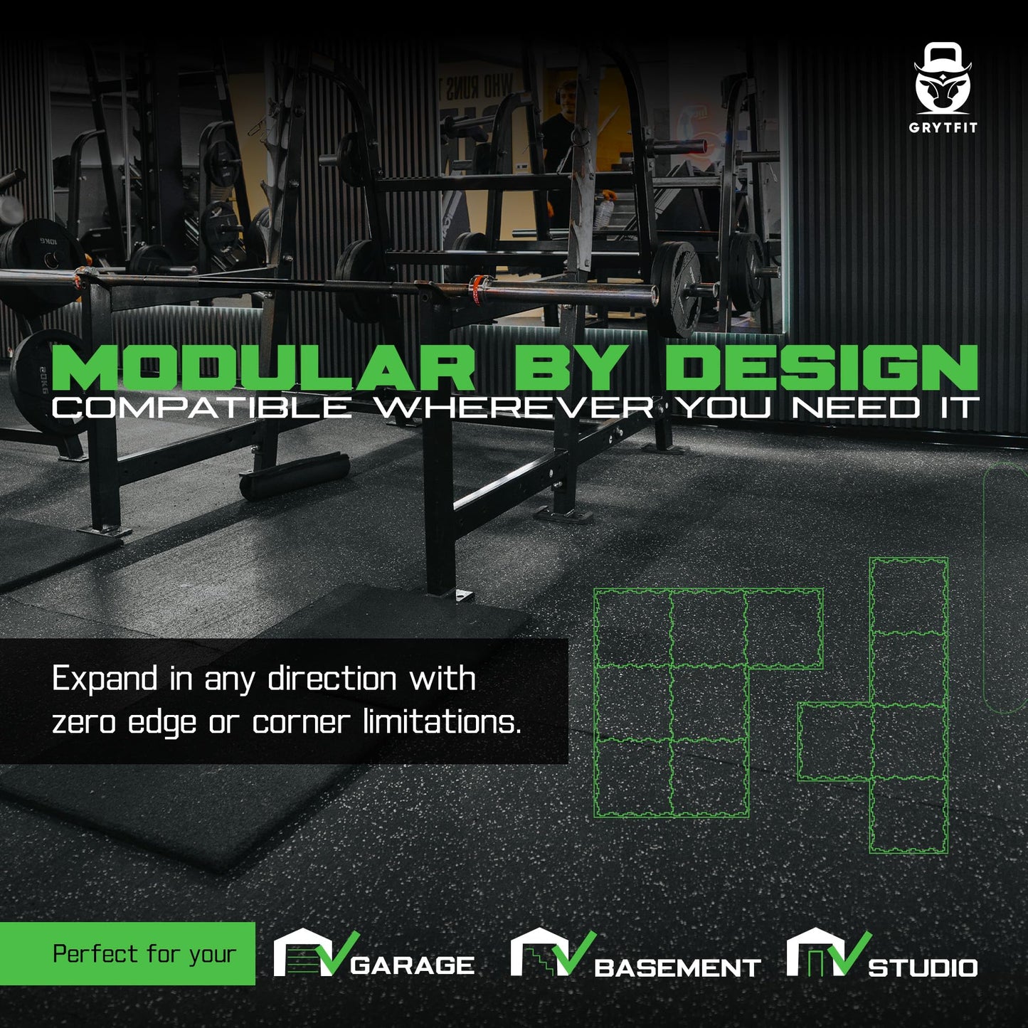 Grytfit Interlocking Rubber Floor Tiles 12MM – Heavy Duty 100% Rubber Gym Flooring for Home Gym, Garage, Workout Room, Equipment Mats, Indoor/Outdoor Mats, Gray Fleck 4-Pack 22.5"x22.5"