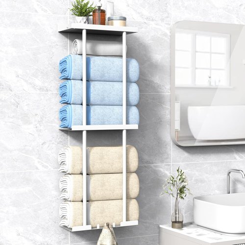 Liuoud Towel Rack - Wall Mounted Vertical Towel Storage Organizer with Shelf | Holds 6 Large Bath Sheets, White