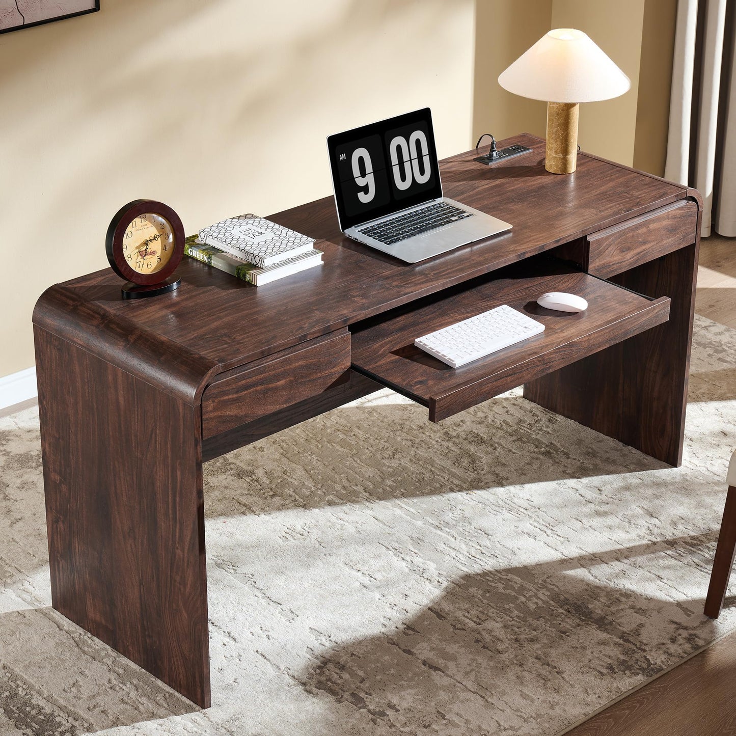ALLTUFO 63" Modern Computer Desk with 2 Drawers, Wood Curved Executive Desk with Keyboard Tray & Power Outlet, Writing Desks with Storage for Home Office, Study Room, Living Room (Brown)