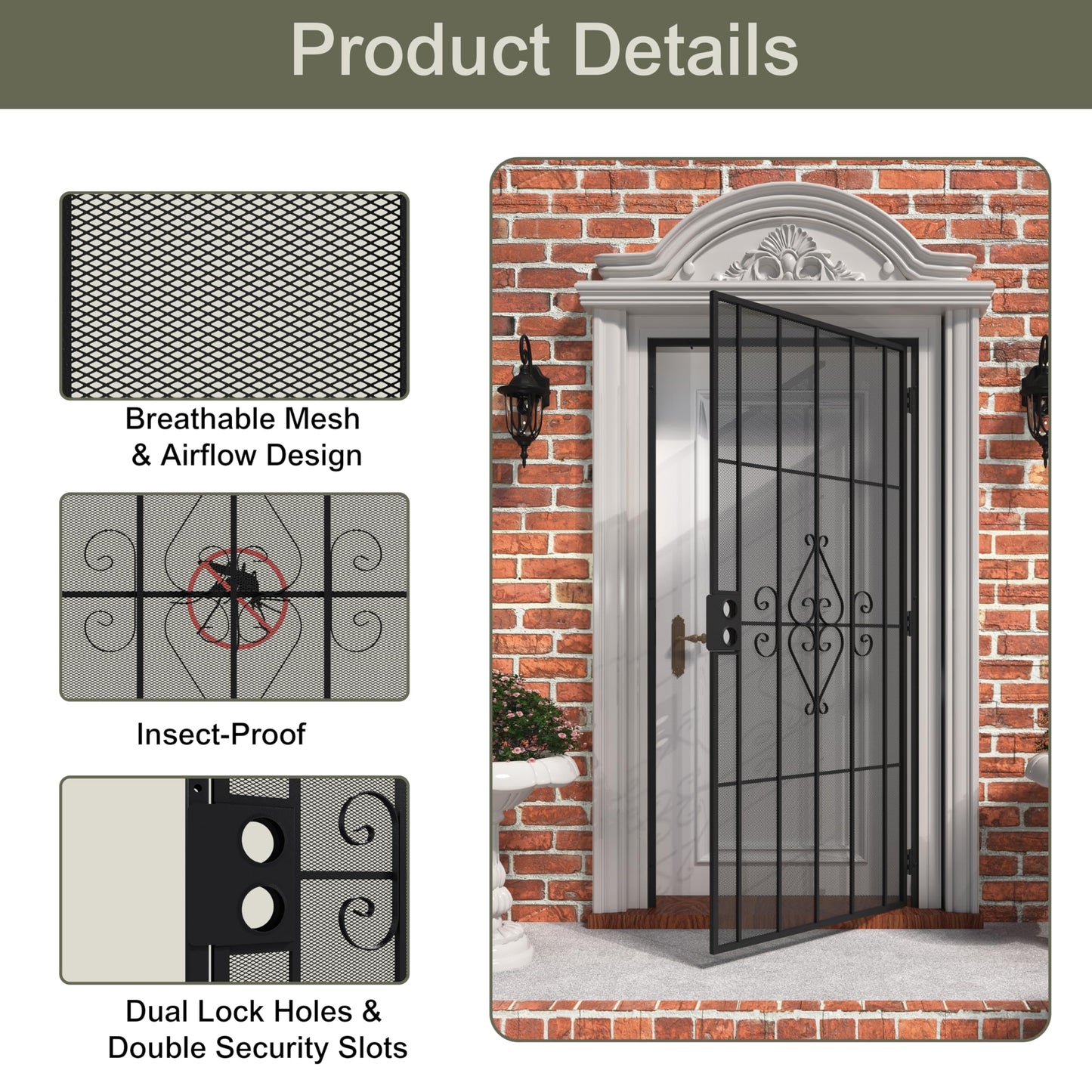 JUBEST 36 in. x 80 in. Security Screen Door, Reversible Powder Coated Black Surface Mount Outswing Steel Security Door with Expanded Metal Screen, Prehung Steel Exterior Doors, Durable&Safe