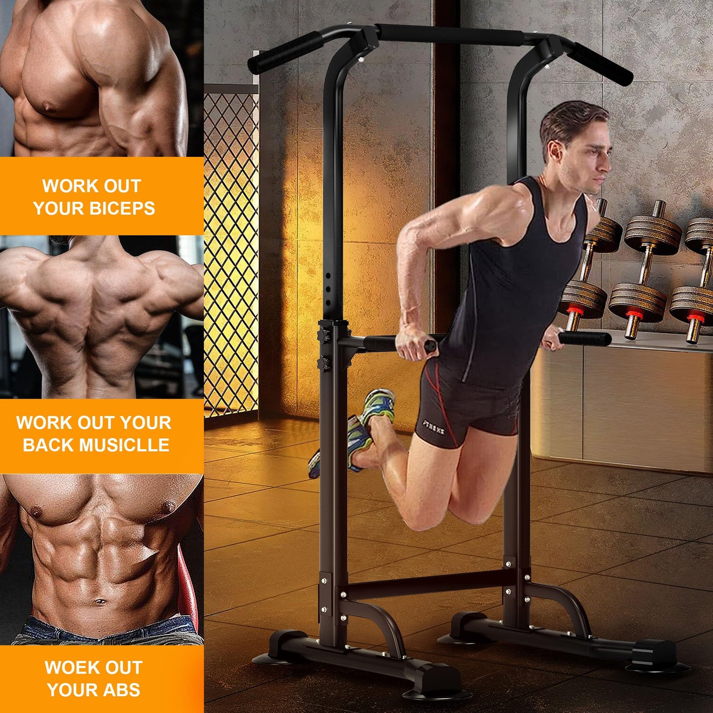DlandHome Power Tower Pull Up Dip Station Multi-Function Fitness Equipment for Strength Training Adjustable Height Dip Stand for Home Gym, Black