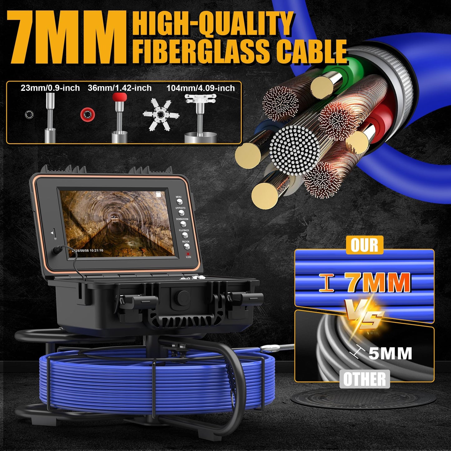 Sewer Camera 165FT, Self Leveling Drain Camera with Meter Counter, 7mm Thick Cable, 9" HD Screen 1080P Plumbing Cameras Snake with Light, 5100mAh Battery Duct Pipe Video Inspection Cam DVR 32GB