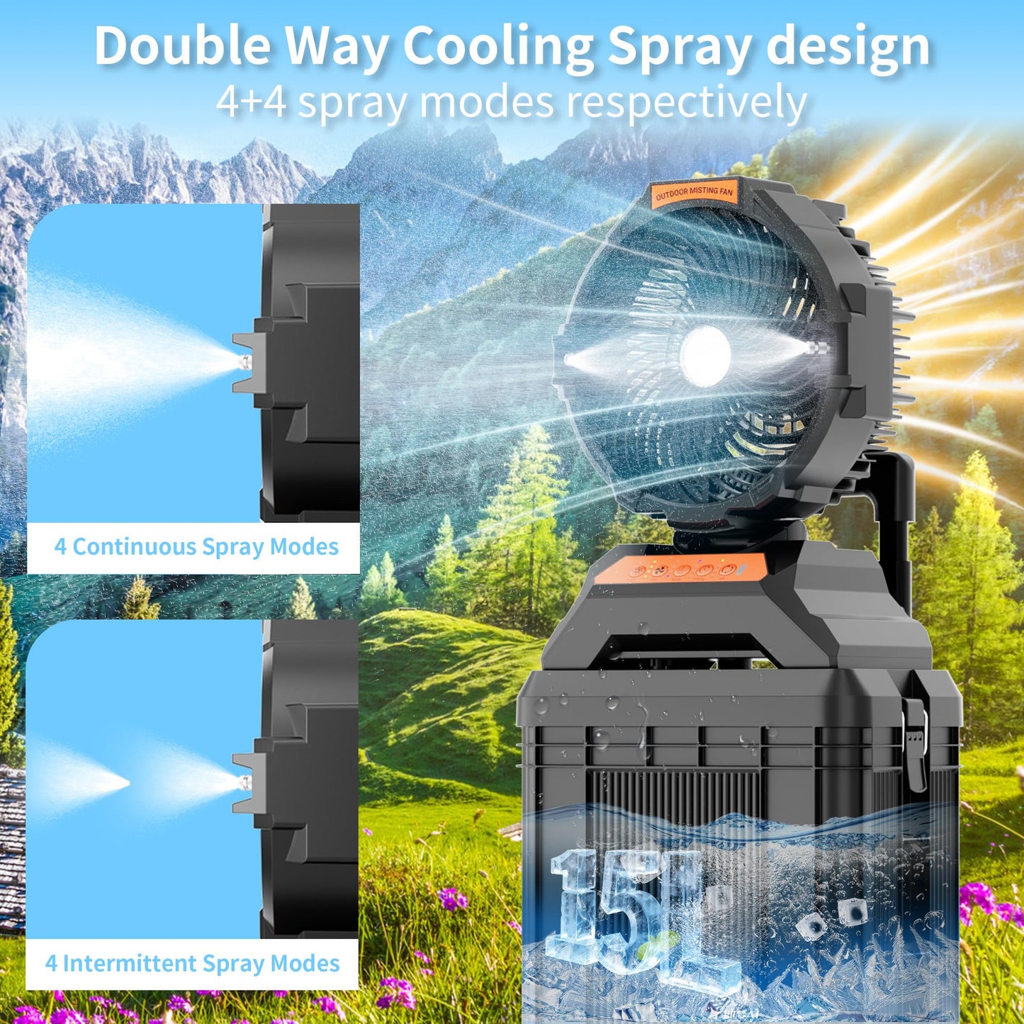 WESTTREE Misting Fan Portable with 15L Large Bucket, 4-in-1 Mist 8 Modes Spray Fan with Retractable Handle & Oscillating Outdoor Camping Fan,36H Runtime, 4-Level Wind Speed/Lighting for Tent
