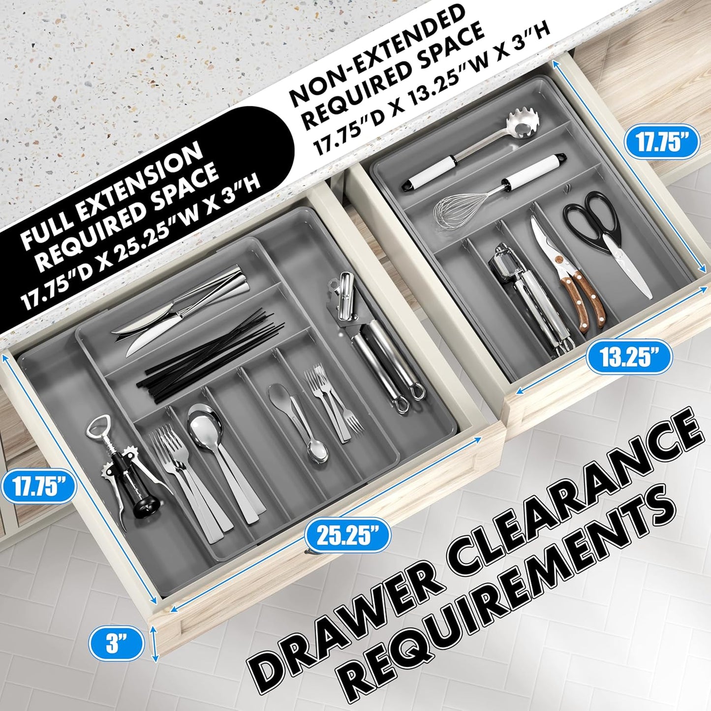 Simple Houseware Flatware Organizer - Adjustable Gray Cutlery Tray with 9 Compartments for Utensils
