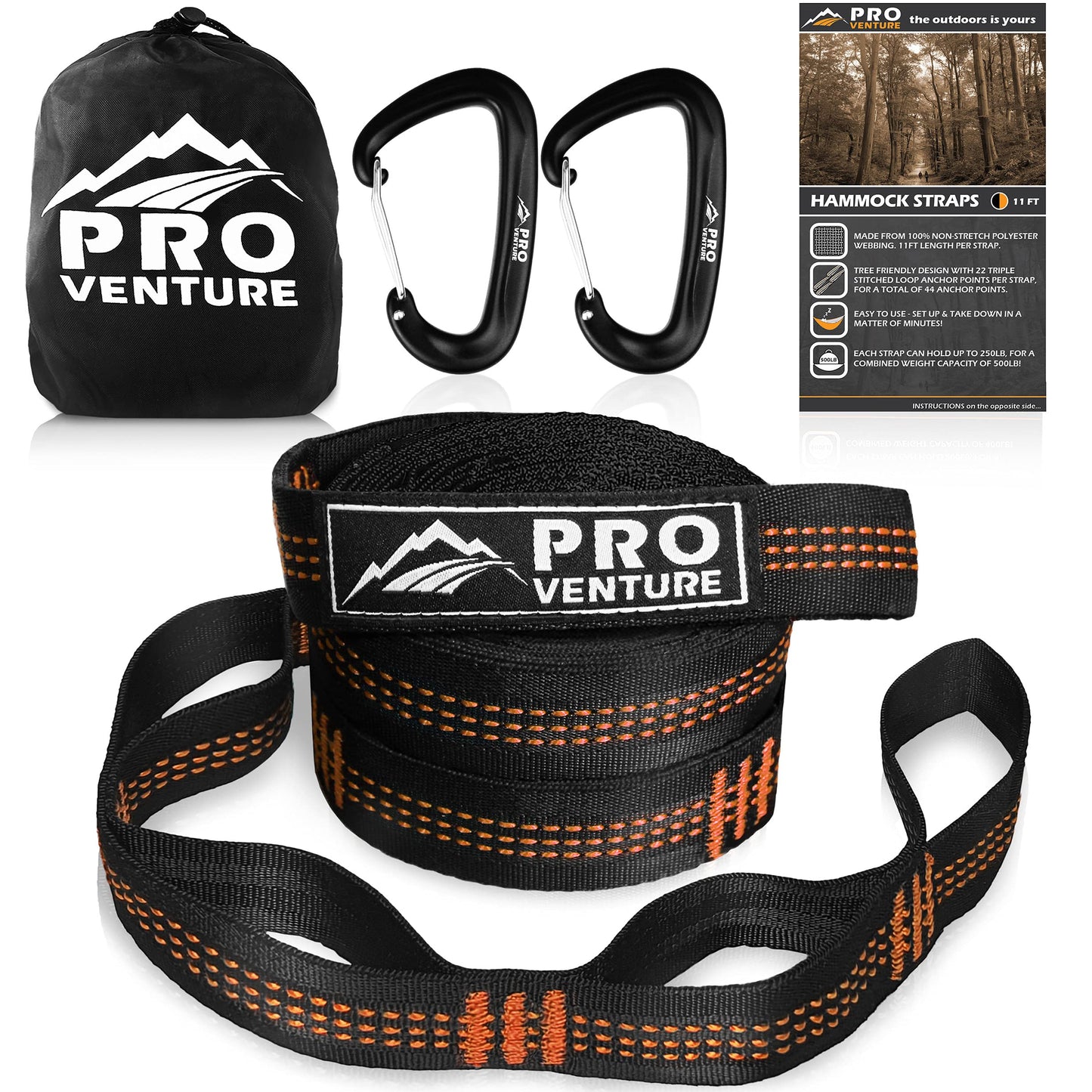 Pro Venture Hammock Straps and Carabiners Set | 22 Feet Total, 44+2 Loops | 1200lbs Breaking Strength (500lbs Rated) | Non-Stretch, Lightweight, Portable - Quick Setup | Heavy Duty, Tree Friendly