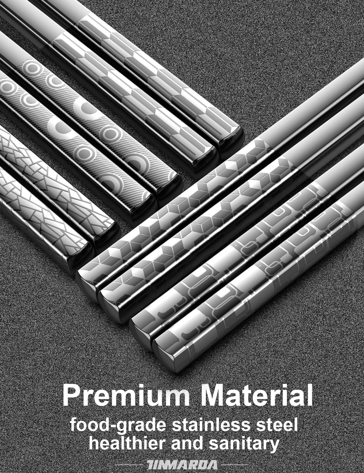 TINMARDA Metal Chopsticks Reusable 18/8 Stainless Steel Chopstick Sleek Engraving Patterns Chop Sticks Reusable Dishwasher Safe Non-Slip Japanese Korean ChopStick 5 Pairs Present Set