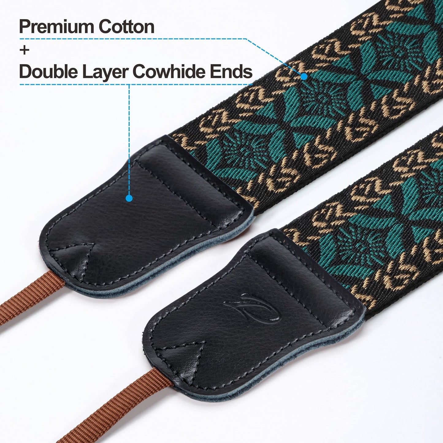 Ends,2" Padwa Lifestyle Mystic Green Embroidered Camera Strap - Double Layer Cowhide Cotton Vintage Camera Straps