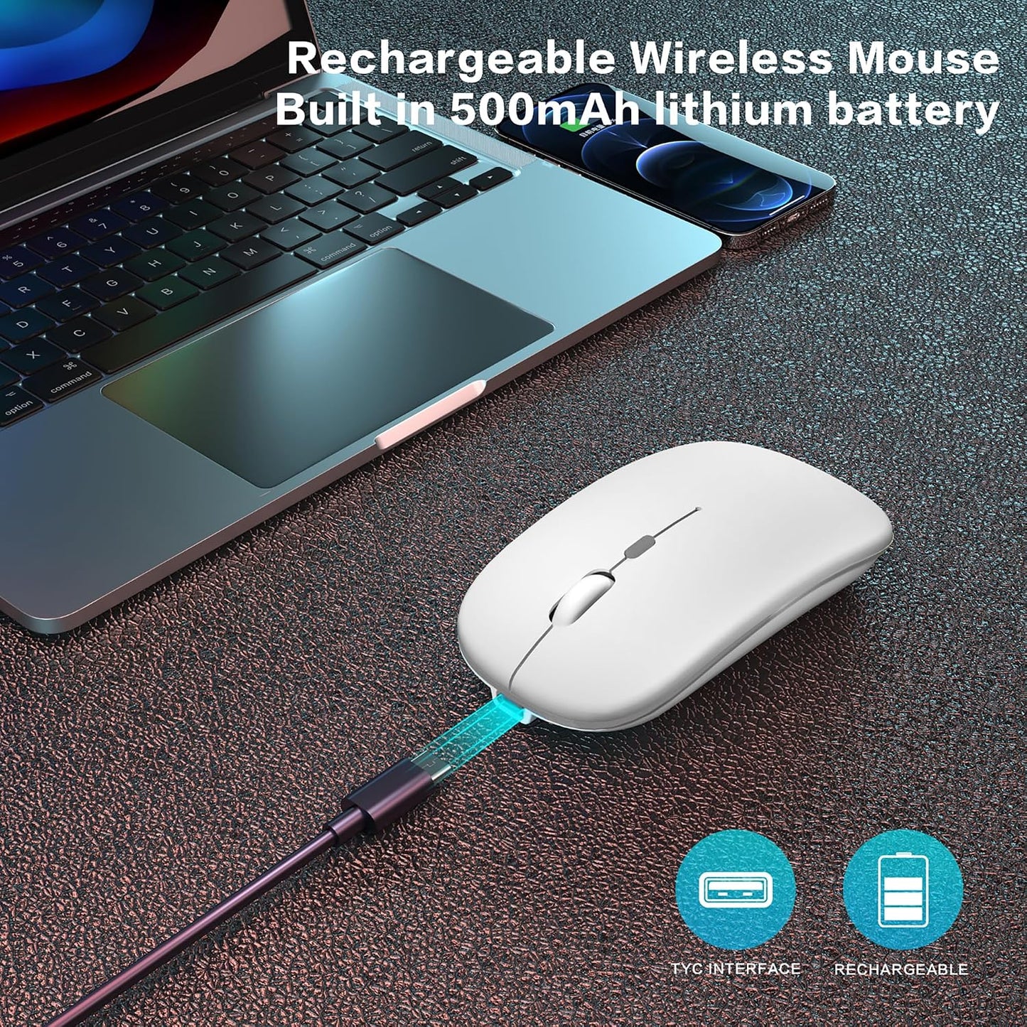 AIKOKOK 5.2 2.4G Wireless Bluetooth Mouse, Rechargeable, Dual Mode Bluetooth & USB, LED Lights, Slim, Silent, Portable