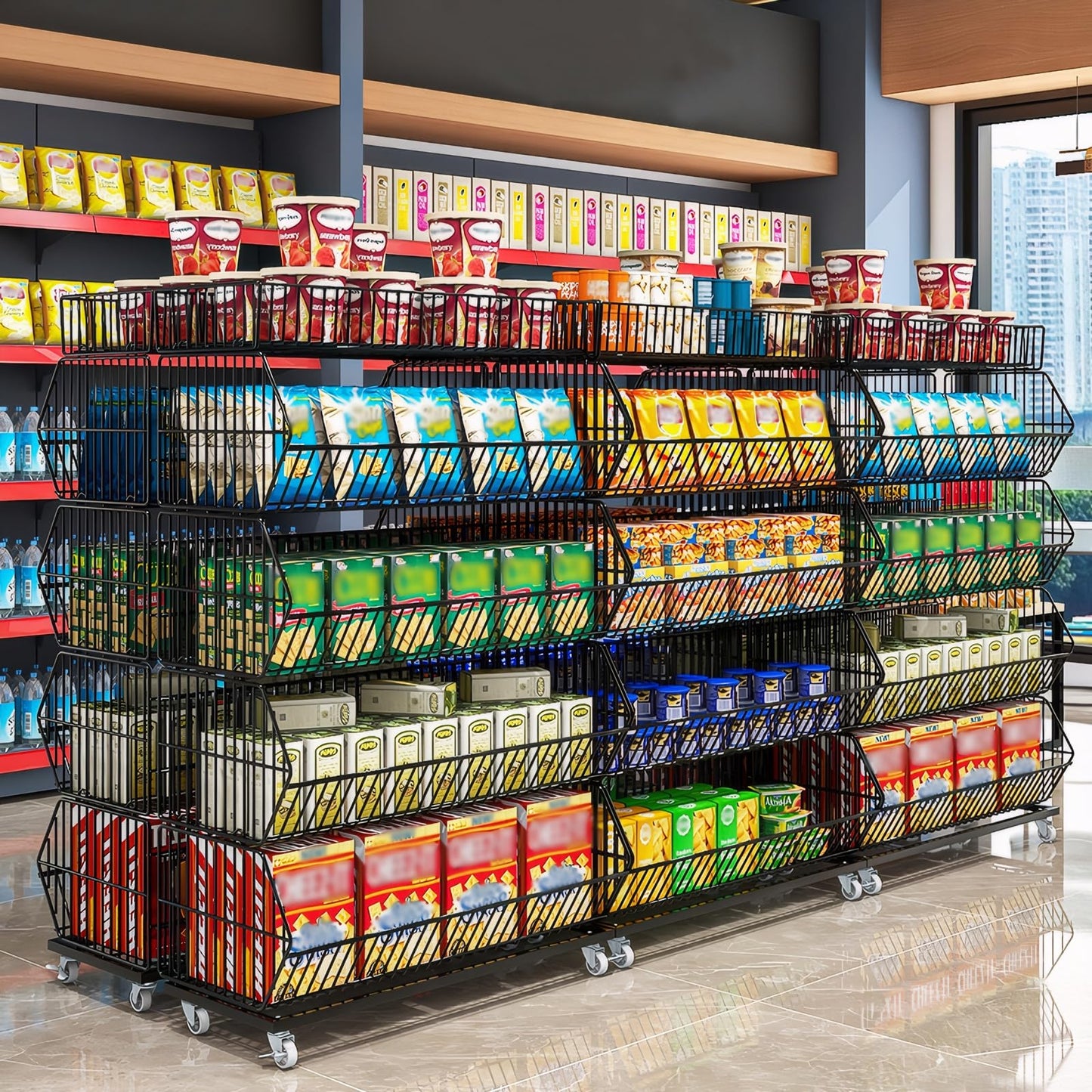Yuwoune 5-Tier Slanted Rolling Retail Display Rack with Locking Wheels | Heavy-Duty Metal Snack & Chip Display Stand for Grocery Stores, Supermarkets, Bakery | Space-Saving Store Organization Shelf