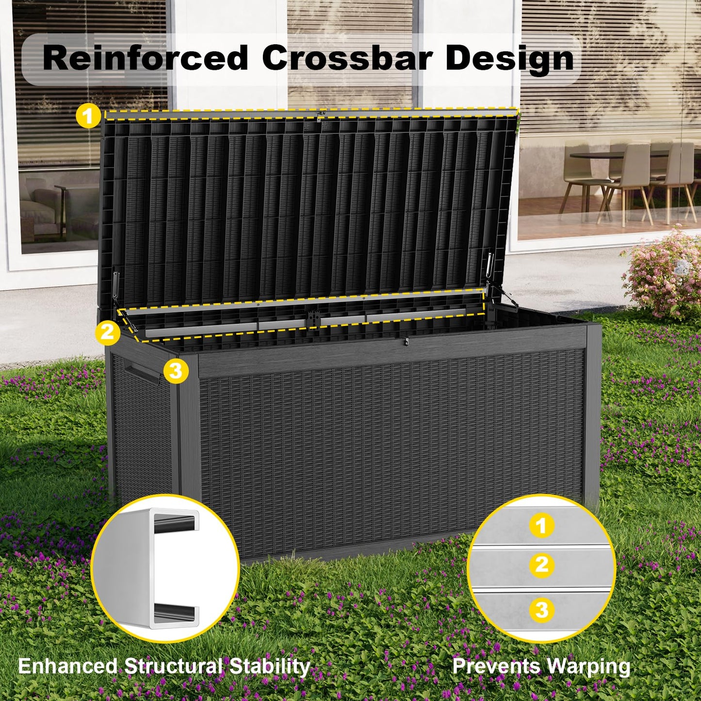 KFY 320 Gallon Waterproof Outdoor Storage Box, UV Resistant Resin Deck Box with Hydraulic Rod for Reinforced Stability, Perfect for Patio, Garden, and Pool（Black，320 Gallon）