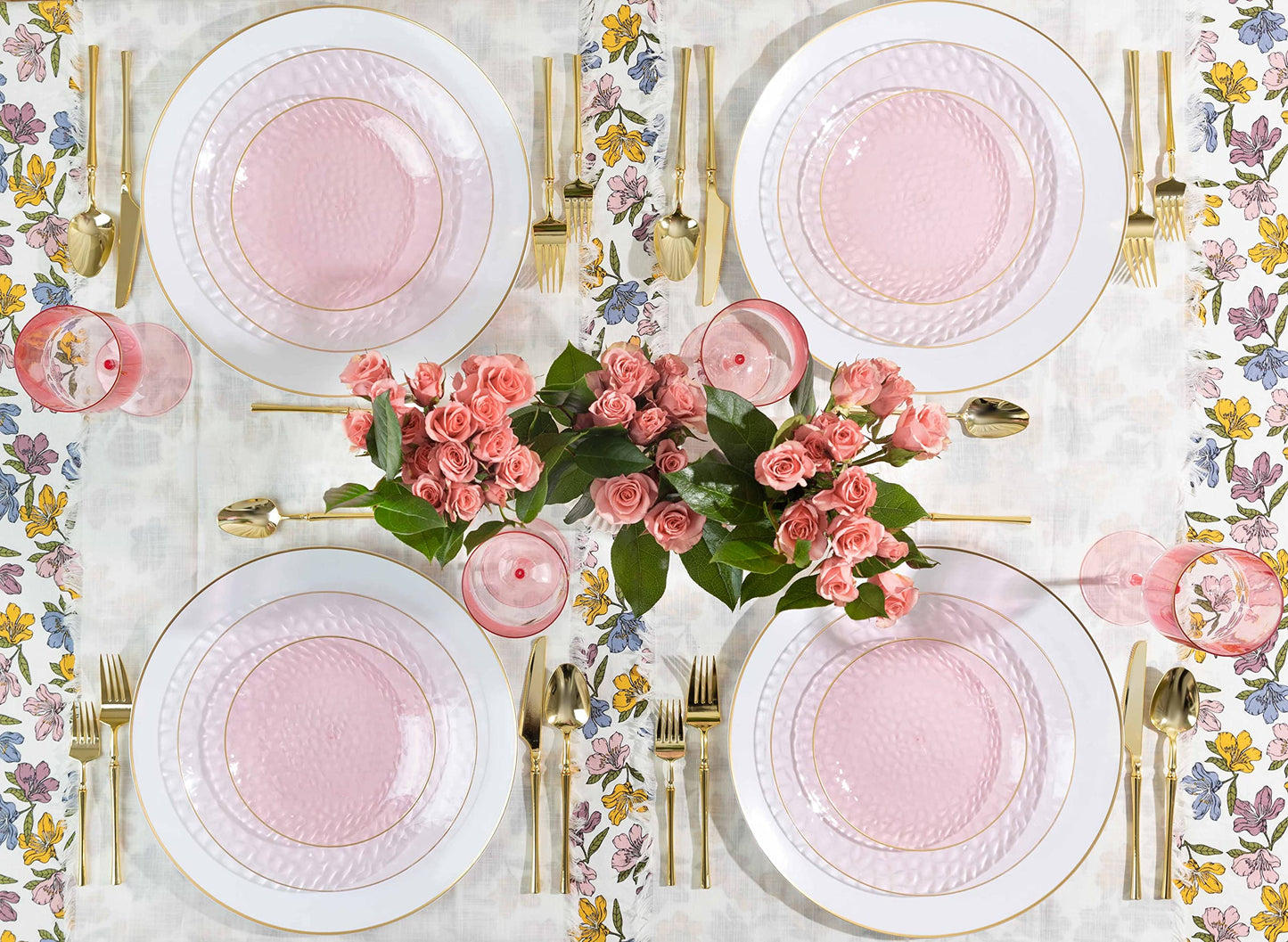 PLASTICPRO 128 Piece Combo Plates Set includes 64-7'' inch Plate & 64-10'' inch Plates Pink Hammered Plastic Party Plate Premium heavyweight Elegant, Disposable, Tableware, Dishes,