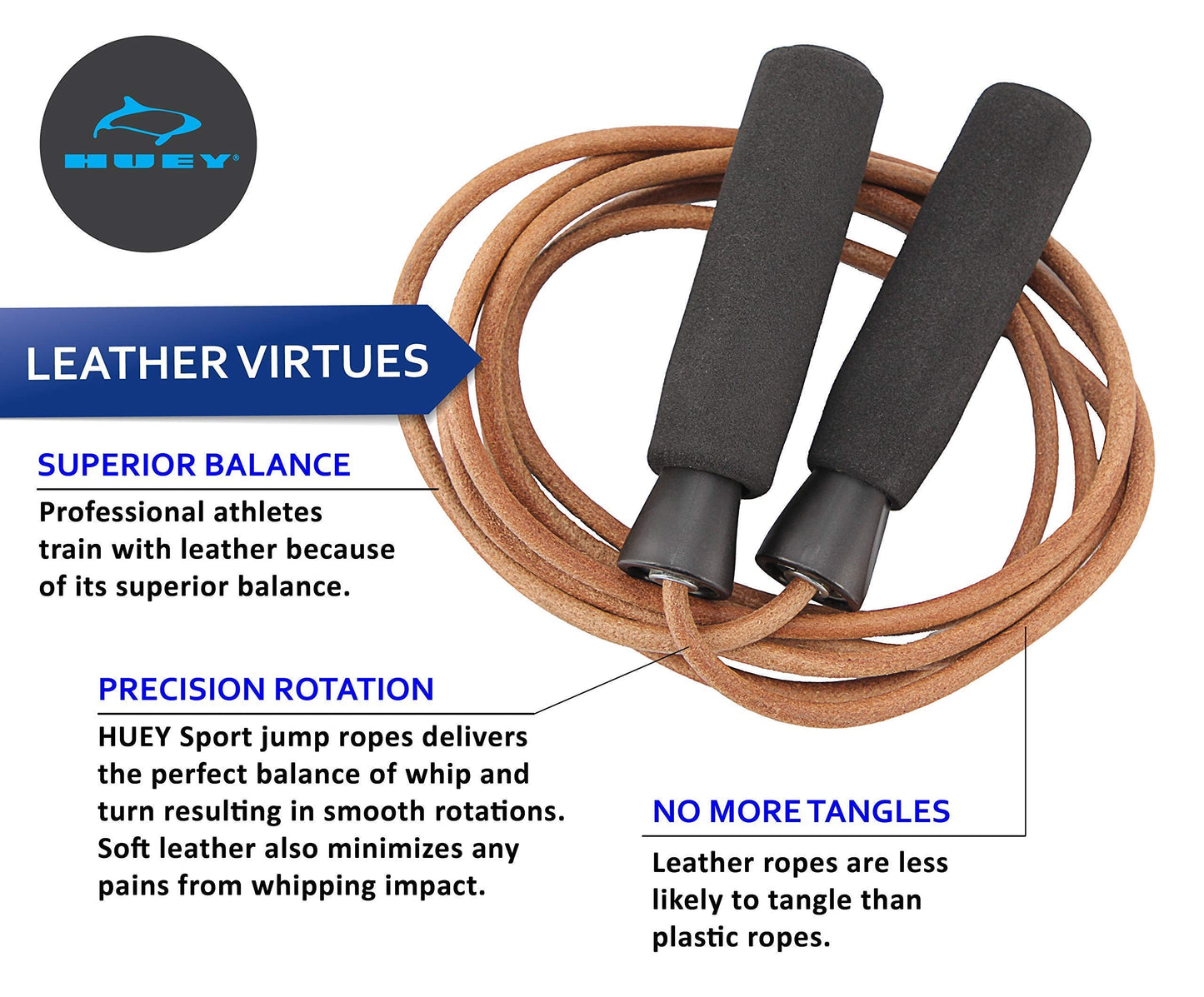 HUEY Sport Leather Jump Rope Skipping Rope for Speed Quiet Training Boxing MMA Cardio Crossfit Fitness Workout Indoor and Outside Exercise for Adult Kids Men and Women (5.5 oz)