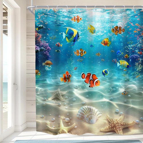 Imirell Ocean Fish Shower Curtain 72Wx72H Inches Summer Underwater Scenery Tropical Fishes Starfish Beach Corals in The Deep Sea Undersea World Kids Fabric Waterproof Polyester with 12 Hooks Plastic