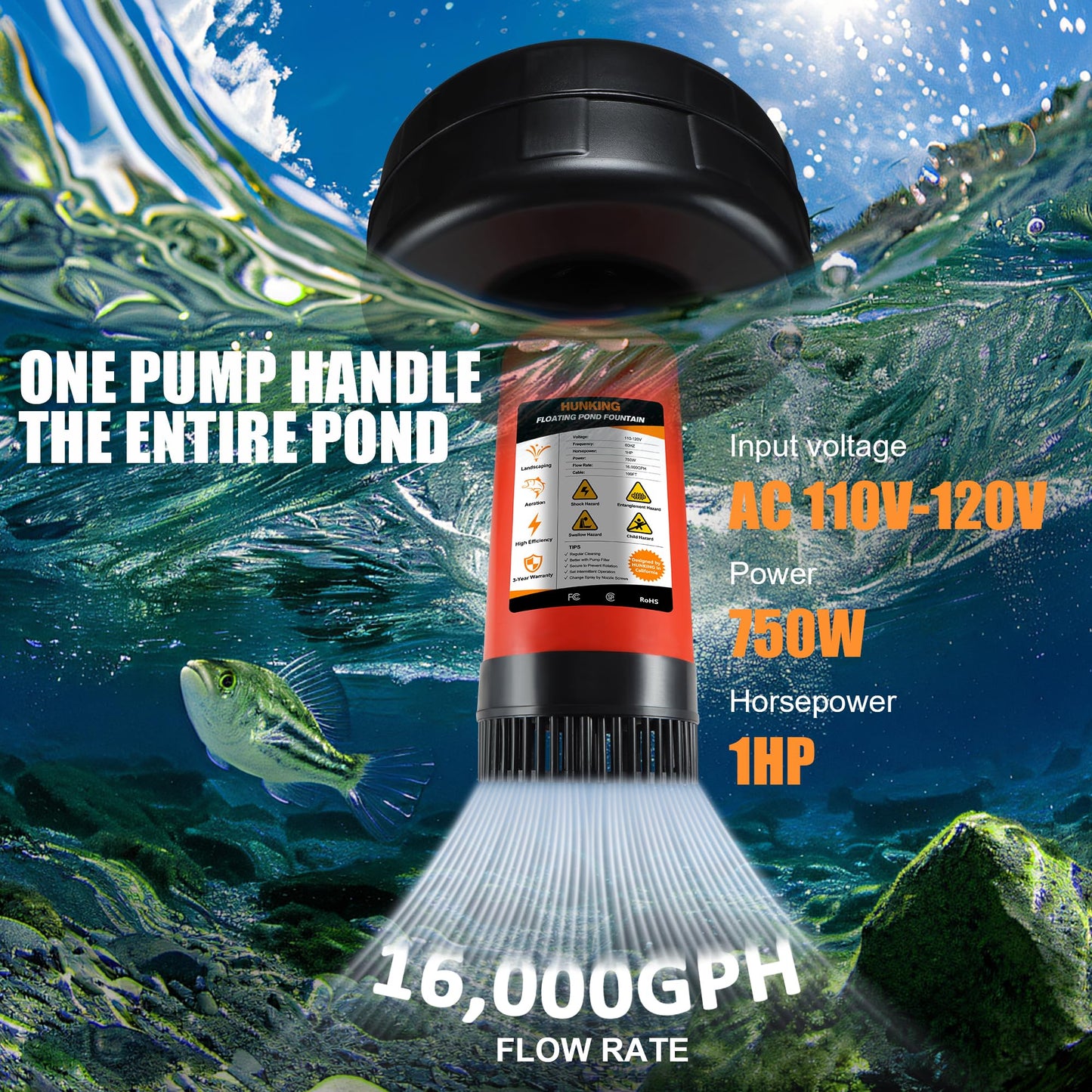 HUNKING H1 Pond Fountain Aerator 750W 1HP - 16000 GPH Floating Aerating Pump with Timer, 110V-120V/100FT Power Cord/2 Nozzles Outdoor Water Circulation Jet System for Large Ponds, Lakes, Water Gardens