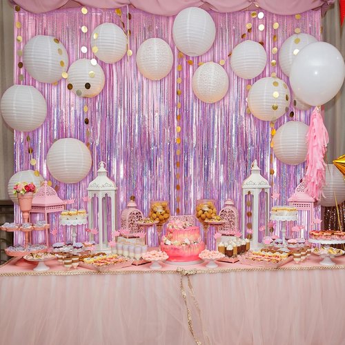 Crosize 7 Pack Laser Pink Foil Fringe Backdrop Curtains - 3.3 x 9.9 ft Tinsel Streamers for Parties | Photo Booth Decor