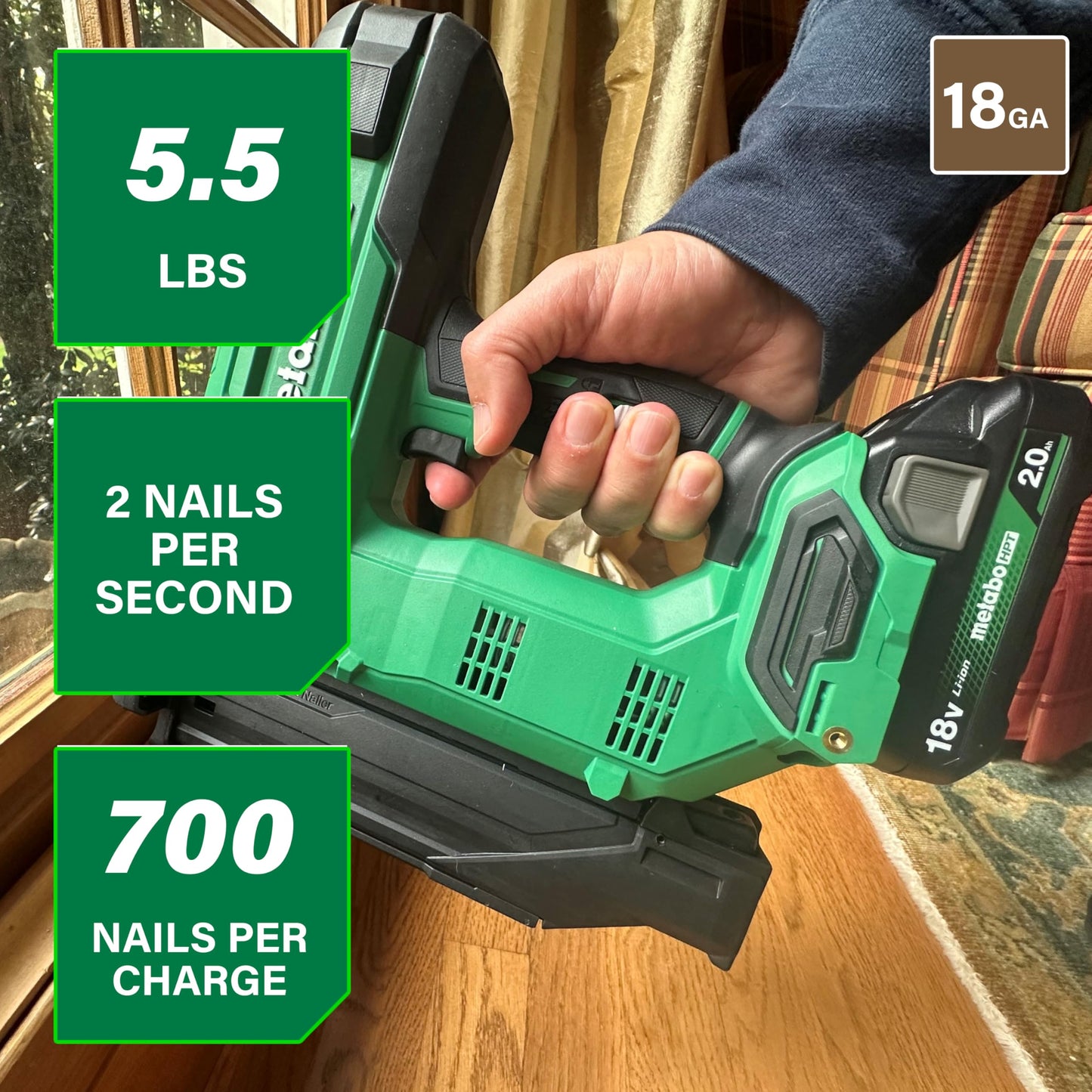 Metabo HPT 18V MultiVolt Compact Cordless Brad Nailer Kit, 18 Gauge Nailer with Power Tool 2.0Ah Lithium Ion Battery, Drives 5/8" to 2" Brad Nails, 700 per Charge, NT1850DG