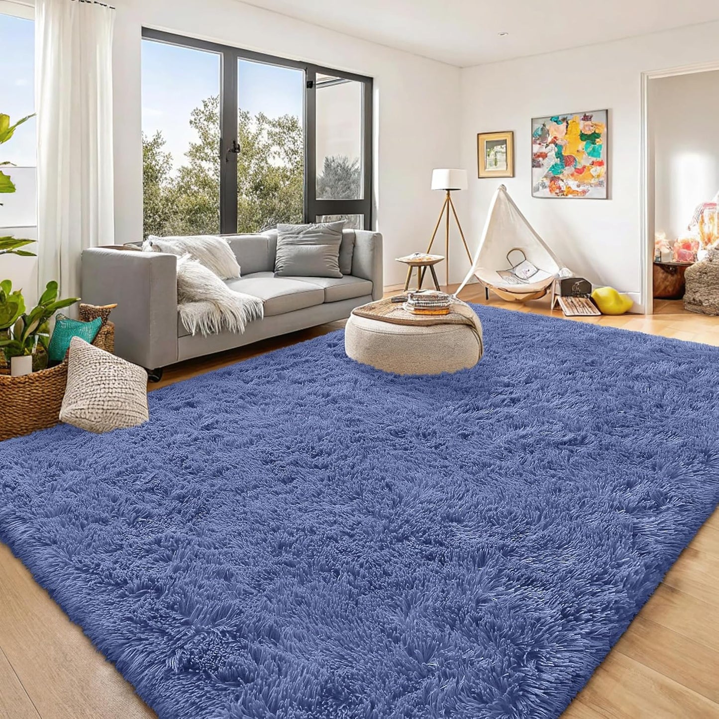 OLANLY Large Area Rug - Soft Fluffy Shaggy Indoor Carpet for Living Room & Bedroom | Denim Blue, 8x10 ft