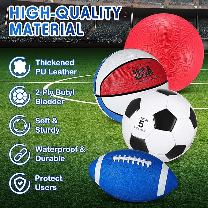 Lenwen 4 Pcs Sports Balls Set, Include Official Size Basketball Soccer Football Playground Ball Pump Equipment Bag for Teen Adult Gift Operation Christmas Ball Gifts