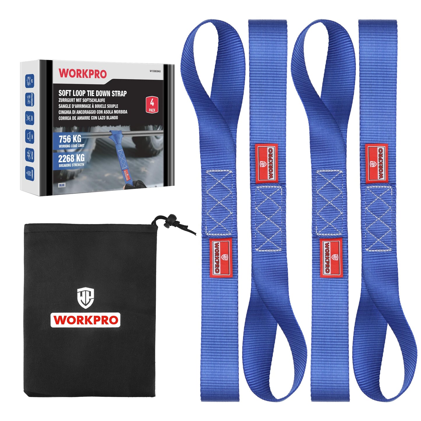 WORKPRO Soft Loop Tie Down Straps (4-Pack), 1.6" x 17", 5000 lbs Breaking Strength, Heavy Duty with Soft Loop Ends for Securing Motorcycles, ATVs, UTVs, Kayaks, Dirt Bikes - Blue